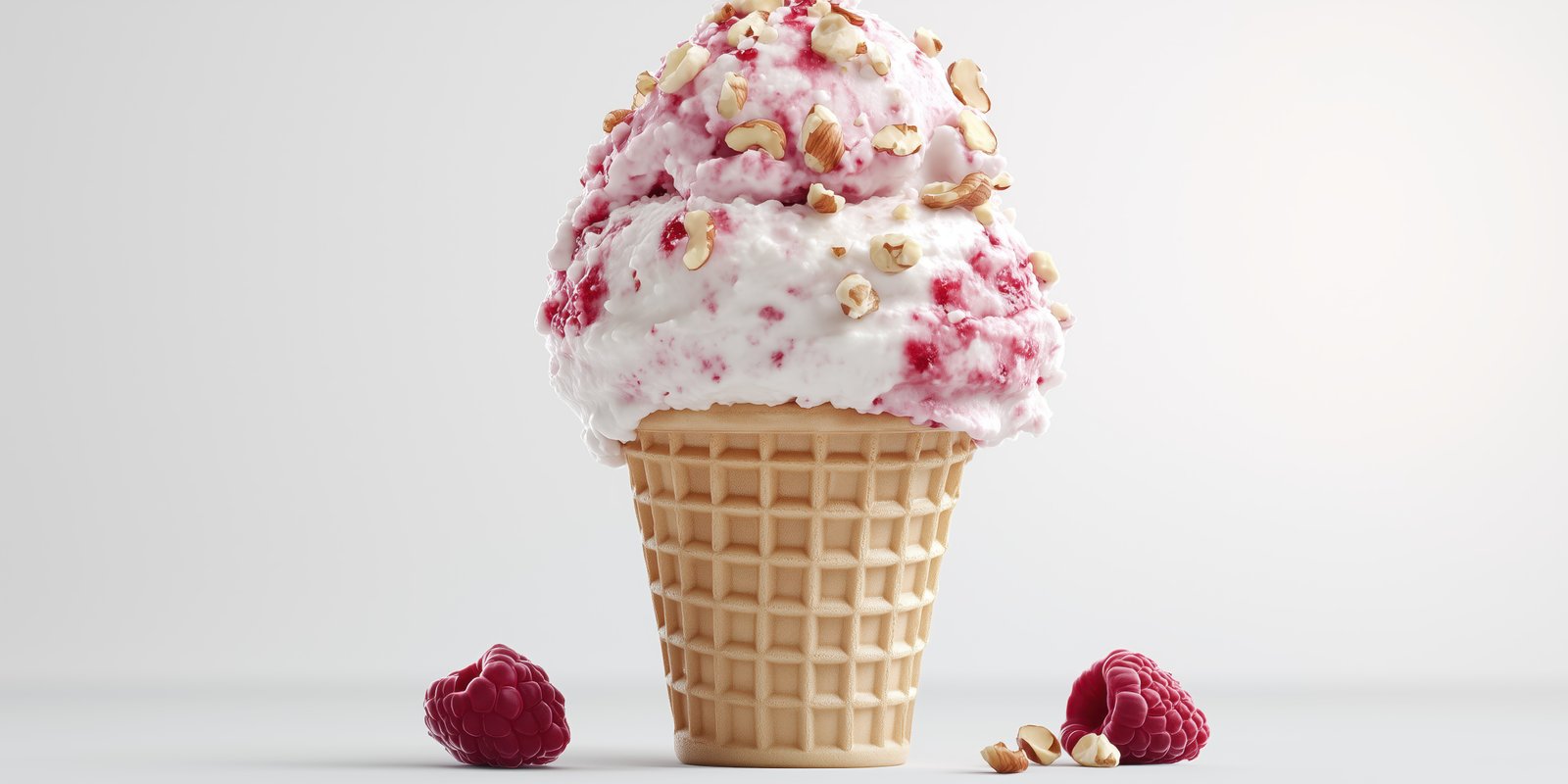 Creamy raspberry ice cream topped with crunchy granola in a waffle cone served on a light background